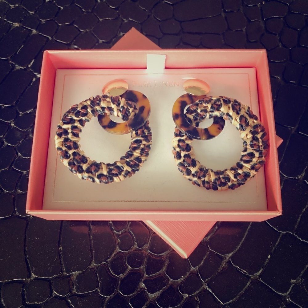 Pink Linen, leopard print double hoop earrings. - Picture 1 of 3